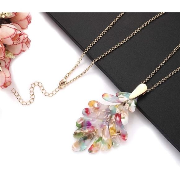 ARATLENCH Acrylic Pendant necklace Earrings – Long Statement Leaf Charm Necklace - Picture 4 of 8